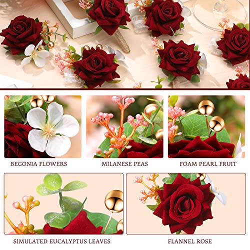 Sherr Wine Red Set of 12 Rose Wrist Corsages for Wedding Corsage Flower Wristlet Floral Wedding Wrist Bridal Rose Leaf Hand Flowers for Bride Bridesmaid Prom Engagement Festival - color: Wine Red