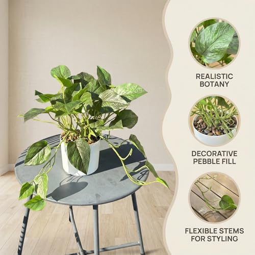 Artificial Plants Faux Pothos with Plastic White Pot Artificial Potted Plant for Home Office Bedroom Indoor Outdoor Decor 1 Pack(Dark Green)