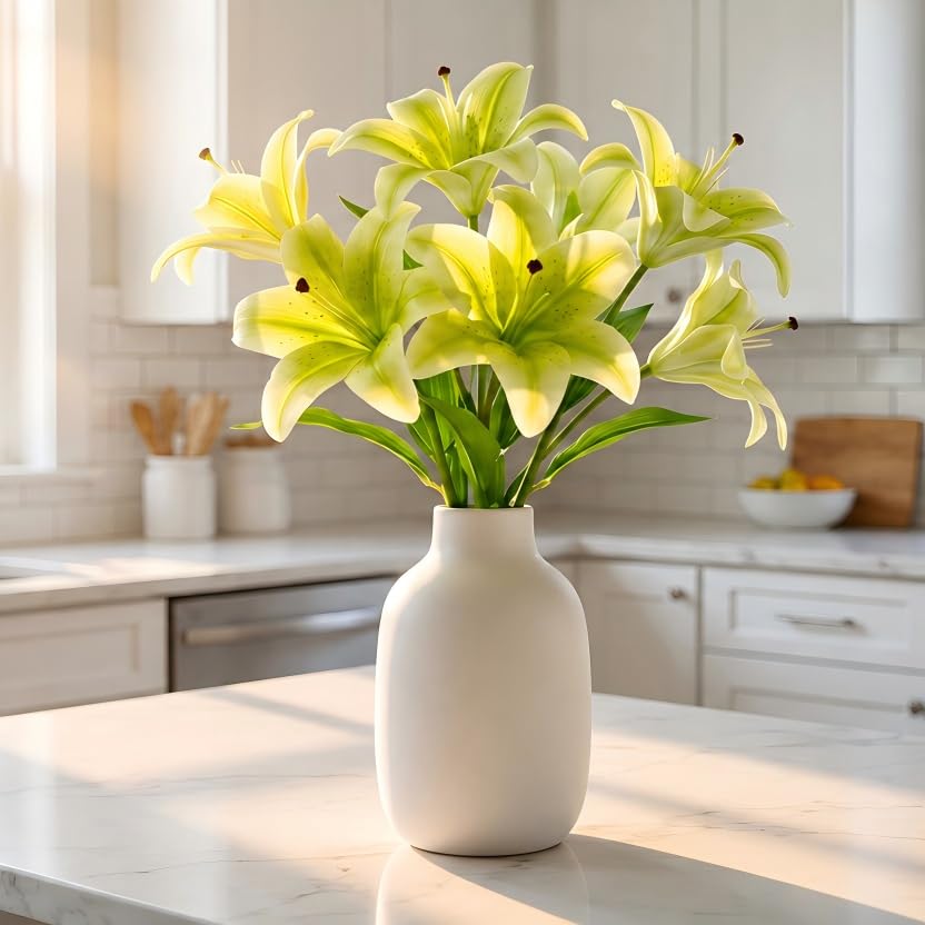 Artificial Lily Flowers,6 Pcs Faux Lily Flowers,Tiger Lily Branch with 3 Full Blooms and 4 Leaves (6, Green) - color: Green