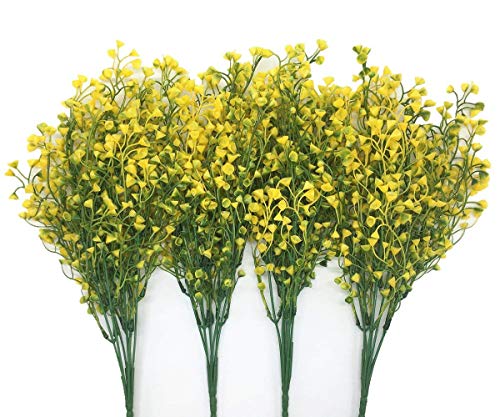 CATTREE Artificial Shrubs Bushes, Plastic Fake Plants Wedding Indoor Outdoor Home Garden Verandah Kitchen Office Table Centerpieces Arrangements Christmas Decoration Yellow 4 pcs - color: Bell Leaves-yellow-4 Pcs