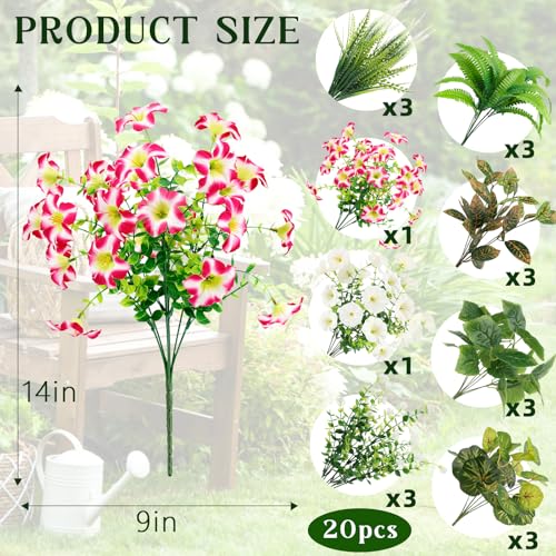20 Pcs Artificial Plants Outdoor, Realistic Faux Greenery & Flowers UV Resistant Fake Plastic Begonia Morning Glory Eucalyptus Fern for Outdoor Decorations Patio Garden Front Porch Yard Decor
