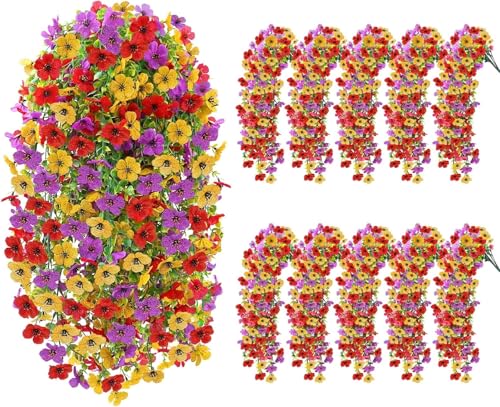 Zythrem 10Pcs Artificial Hanging Flowers for Outdoors, Faux Flowers for Outdoor Planters UV Resistant Floral Trailing Vine for Outside Front Door Balcony Patio Yard Decor - color: Colorful