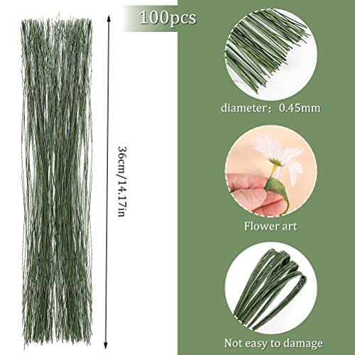 Floral Wire 26 Gauge, 100 Pcs Green Florist Flower Wire Stems for Crafts, Bouquet Stem Wrapping, Wreath Making, Flower Arrangement Supplies (14 Inch) - color: Green