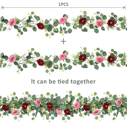 TOCHGREEN 2 Pack 13Ft Artificial Eucalyptus Flower Garland with Red Pink Roses, Fake Rose Flower Greenery Garland Floral Vines for Wedding Home Party Table Runner Decor (Red Pink, 2PCS) - color: Red Pink, size: 2PCS