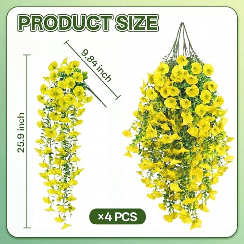 Artificial Hanging Flowers for Outdoors, 4 PCS UV Resistant Morning Glory Flowers with Eucalyptus Leaves, Silk Fake Flower Realistic Faux Plants for Home Patio Porch Garden Decor, Yellow - color: Yellow