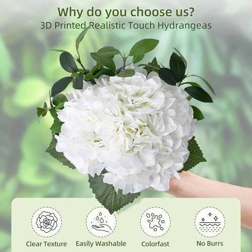Hydrangea Artificial Flowers in Vase, Set of 7 Silk Faux Hydrangea Fake Flower Arrangements with Glass Vase and Faux Water for Home Decor Wedding Bouquets Table Centerpieces, White - color: Hydrangea Stems With Faux Water, size: White
