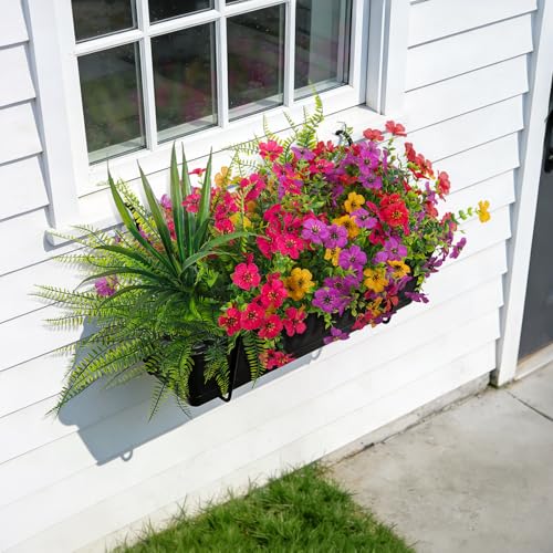 INXUGAO Artificial Fake Flowers Plants for Outdoor Spring Summer Decor, 12 Bundles Faux Silk Flowers for Outdoor Outside Planter Colorful Daisy UV Resistant Look Real for Front Door Porch Patio Yard - color: Mix 4 Colors Flowers+ferns+grass