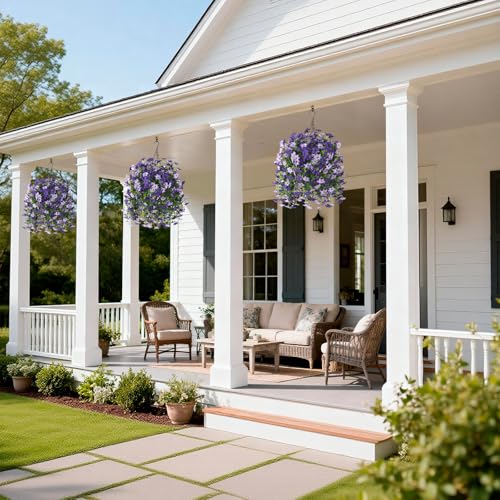 INQCMY Artificial Faux Hanging Flowers Plants Basket for Outdoor Outside Spring Summer Decoration,UV Resistant Fake Silk Daisy in Planter Resistant Look Real for Home Porch Balcony Patio Yard Decor - color: Purple Double Purple