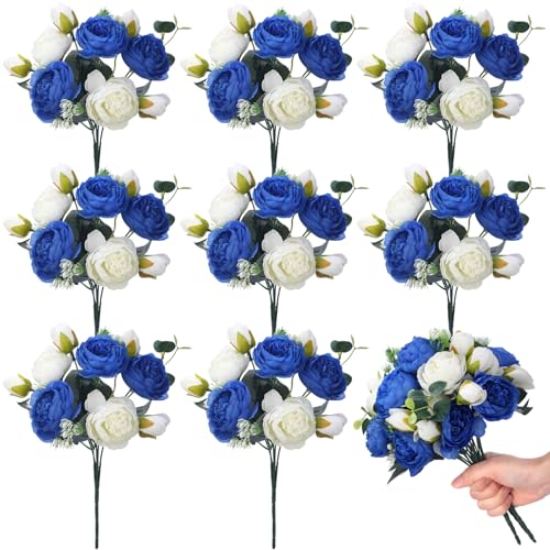 Yunsailing 8 Pack Artificial Peony Flowers Faux Silk Hydrangea Bouquet Wedding Home Table Decor Reusable Bouquet of Rose Flower for Birthday Wedding(Royal Blue and White) - color: Royal Blue and White, style: Peony