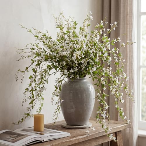 Zeyune 6 Pcs Artificial Blossom Branches with Green Buds 40" Faux Plastic Floral Plant Stem Picks Sprigs for Vase DIY Home Office Wedding Party Indoor Outdoor Summer Decor (Green, White Blossom) - color: Green, size: White Blossom