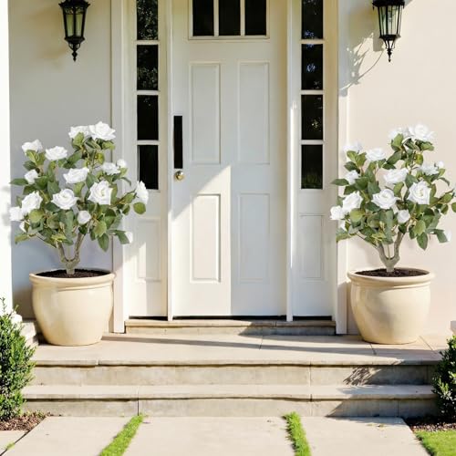 Goplus 2 Pack Artificial Rose Flower Trees, 31.5” Fake Shrub Plants with Spikes, 186 Leaves & 18 White Flowers, Sun-Proof Indoor & Outdoor Silk Floral Topiary Plants for Home Porch Wedding - color: White Rose