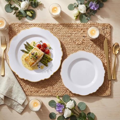 WDF 100pcs Gold Plastic Plates - High-end Baroque Design - Heavy Duty White &Gold Wedding Plates Set Ideal for Party/Wedding/Birthday - color: Gold, size: 100PCS