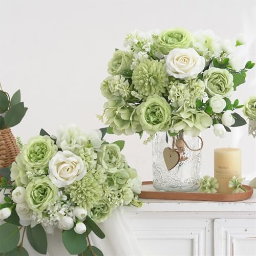 8 Pcs Mixed Artificial Peony Flowers Set-4 Bouquets & 4 Stems, Green Fake Peony Rose Hydrangea Flower for Vase Silk Floral Arrangements for Table Centerpiece Wedding Party Bridal Decoration Home Decor - color: Green, size: Mixed 8pcs