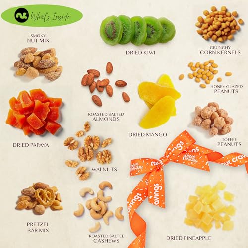 NUT CRAVINGS Gourmet Collection - Happy Birthday Treats, Dried Fruit & Mixed Nuts Gift Basket with Bday Ribbon in Reusable Wooden Tray (12 Assortments) Food Arrangement, Healthy Snack Food Assortments - style: 6. Happy Birthday Dried Fruits & Nuts Wooden