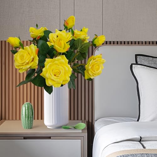 ATFL Fake Flowers, Yellow Rose,6 Pcs Faux Silk Real Touch Moisturizing Artificial Rose Flowers for Decoration,Flores Irosas Artificiales para Decoracion (6, Yellow) - color: Yellow