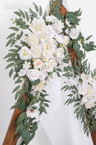 Arch Flowers with Drapes Kit (Pack of 3) for Wedding Ceremony Arbor and Reception Backdrop Decoration Wedding Welcome Signs Floral Birthday Party Decoration - color: White & Beige
