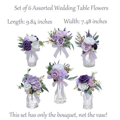 Marriwise Set of 6 Purple Assorted Wedding Flower Centerpieces Pre-Made Mini Bridesmaid Bouquets Artificial Floral Lavender Table Decor for Wedding Decorations Shower Home Decor (Purple) - color: Purple