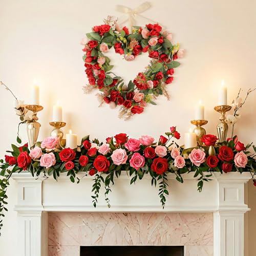 Suncalla 17.7 Inches Heart Rose Wreath Pink Floral Valentine Wreath with Ribbons Artificial Rose Wreaths for Christmas Party Gifts Front Door Valentine's Day Wedding Decoration - style: Roses