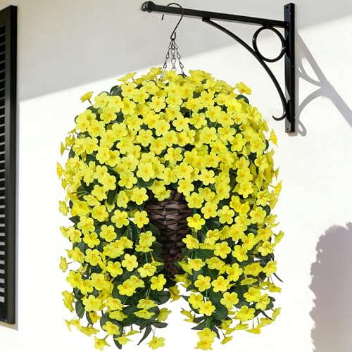 Artificial Faux Hanging Flowers Plants Baskets for Outdoor Outside, Fake Silk Yellow Orchid Trailing Vines in Planter Realistic UV Resistant for Balcony Porch Decor - color: Yellow
