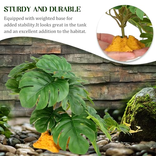 Reptile Plants for Terrarium, Ball Python Tank Accessories, Amphibian Habitat Decor Plant Bearded Dragon Tank Decorations for Gecko Lizard Chameleon Tortoise with Base - Fake Monstera - color: B-fake Monstera
