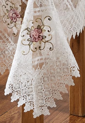LinenZone White Farmhouse Tablecloth with Colorful Flower Design. 36 Inch Square Tablecloth for Small Table, Dresser, Coffee Table. Macrame Cover for Farmhouse Decor. (Viola 36 x 36, White) - color: White, size: 36" x 36" (Square)