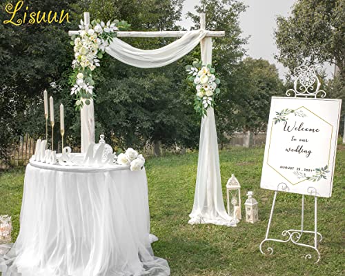 Lisuun Artificial Wedding Arch Flowers with Chiffon Runner, Pack of 3 | Includes 2 Flower Swags, 1 20ft Chiffon Runner and Zip Ties for Wedding Arches, Arbors and Backdrops - color: Pure White & Ivory White