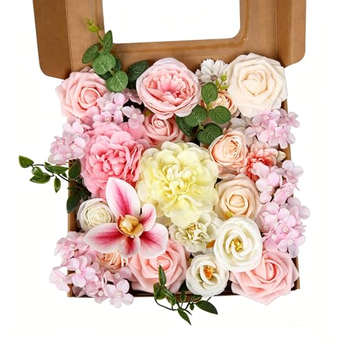 Artificial Pink Flower Box Arrangement, Fake Silk Rose Hydrangea Orchid Eucalyptus Greenery Floral Centerpiece, Artificial Flowers Gift Box for Wedding Bridal Shower Home Table Decor - color: Pale Pink