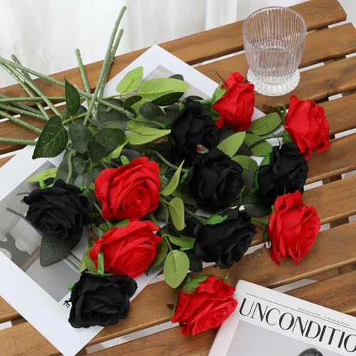 Tifuly Roses Artificial Flowers - 12 pcs Realistic Long Stem Fake Roses Mashup Style Silk Roses for DIY Bouquets Wedding Centerpieces Arrangements Home Party Decor(Black & Red) - color: Black & Red