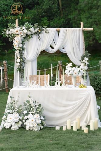 TINGE TIME Wedding Arch Flowers Kit - Deluxe 5pcs Artificial Floral Swag with 3 Sheer Drapes, Realistic Silk Flower Arrangements for Wedding Ceremony Arbor Backdrop Reception Party Home Decor - color: Ivory White