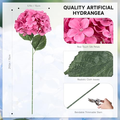 6 PCS Artificial Hydrangea Flowers, Faux Silk Hydrangea with Long Stems, Home Wedding Decor, Table Centerpieces, Party Decorations (Peach Red) - color: Peach Red