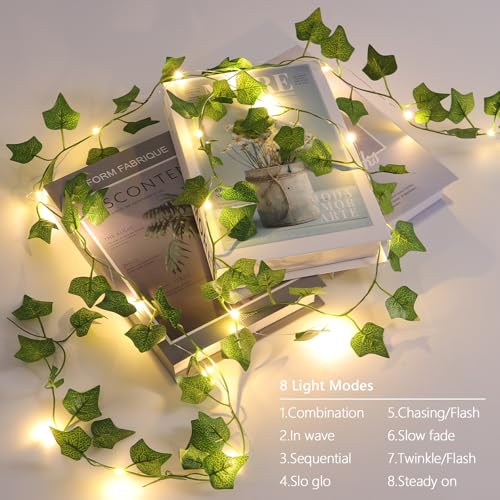 4 Pack Vines with Lights Battery Operated, 6.56ft 20 LED Vines with Fairy Light, Leaf Lights with 8 Modes, Fake Vines Ivy String Lights for Bedroom, Wall, Room, Garden, Party Decor - color: Green Ivy, size: 4 PACK x 6.56 FT
