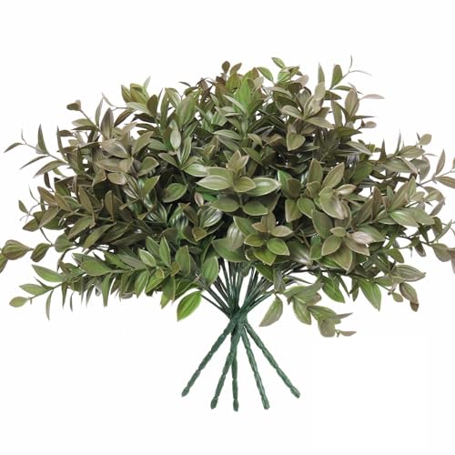6 Bundles Artificial Greenery Stems, 14.5" Fake Lucky Bamboo Leaves Faux Outdoor Plants UV Resistant Plastic Shrubs for Outside Home Room Garden Patio Front Porch Farmhouse Pathway Indoor Decorations - color: Dark Green