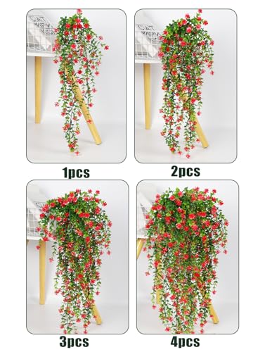 SJL Artificial Hanging Plant 4pcs Fake Hanging Plants Greenery Decor Plastic Flower Artificial Plants Indoor Fern Ivy Leaves Flowers Real Touch Stem for Wedding Party Outside Home (Red) - color: Red