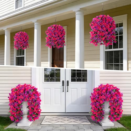 3 pcs Fake Bougainvillea Artificial Hanging Flowers Basket for Outdoors Decoration Faux Hanging Flowers Plants for Outdoor Planters Silk Bougainvillea Vines for Front Door Porch Patio Garden - color: Hot Pink and Light Purple+basket