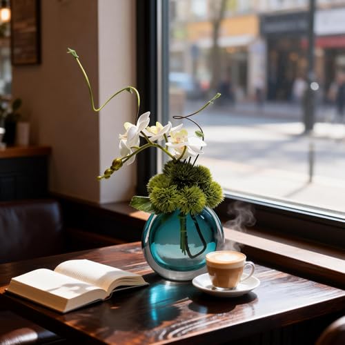 Artificial Orchids, White, in Translucent Bubble Glass Vase, Blue | Look Real, Realistic Appearance, Flower Arrangement - color: Blue