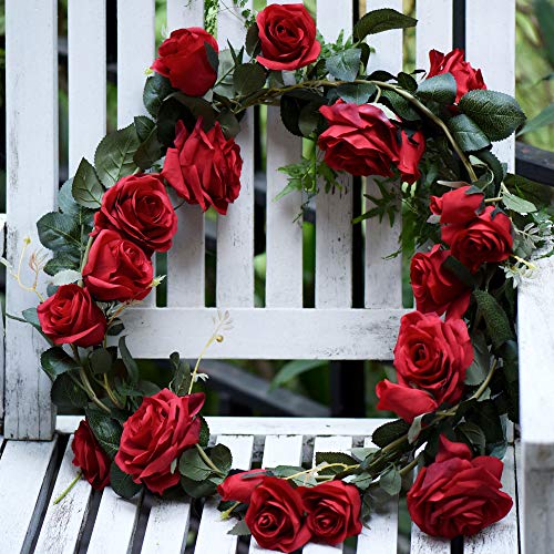 FiveSeasonStuff Classic Red Artificial Silk Roses Flower Garland, Bendable Hanging Vines (2pcs, 11ft) - color: Classic Rose Red