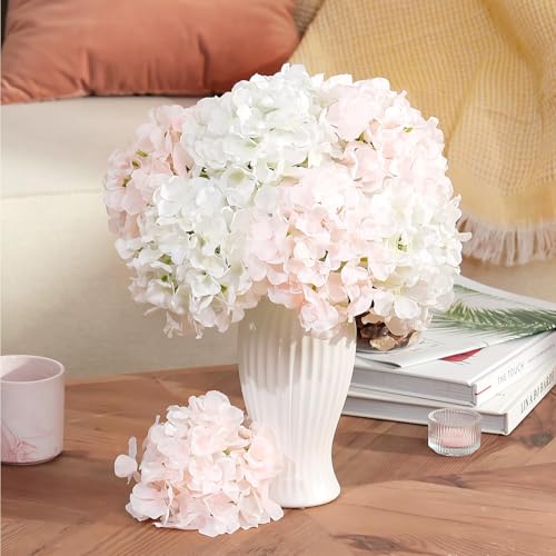 Auihiay 10PCS Hydrangea Artificial Flowers, Faux Hydrangeas Flower for Wedding Centerpieces, DIY Bouquets, Bridal Shower, Floral Decor Home Decoration with Stems (VASE NOT Included)-Light Pink - color: Light Pink