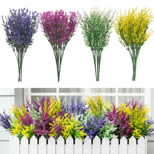 CLEANGOR 8 Pcs Artificial Lavender Flowers for Outdoors (4 Color) | UV Resistant Artificial Outdoor Plants, for Spring Summer Garden, Porch, Patio, Window Box, Home Decoration