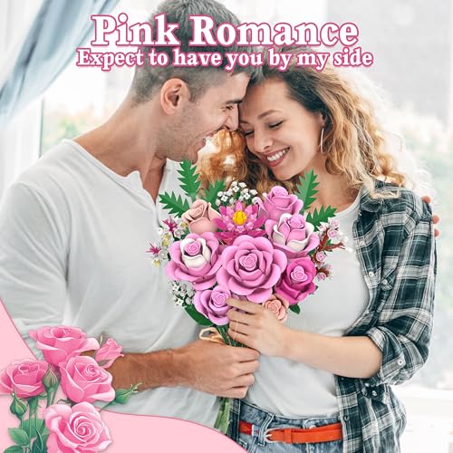 Pink Rose Bouquet Flowers Building Set, 834Pcs Roses Artificial Flowers Botanical Collection Kit for Adults Women & Men Gift for Xmax Gifts for Birthdays for Her Compatible with Lego Flowers
