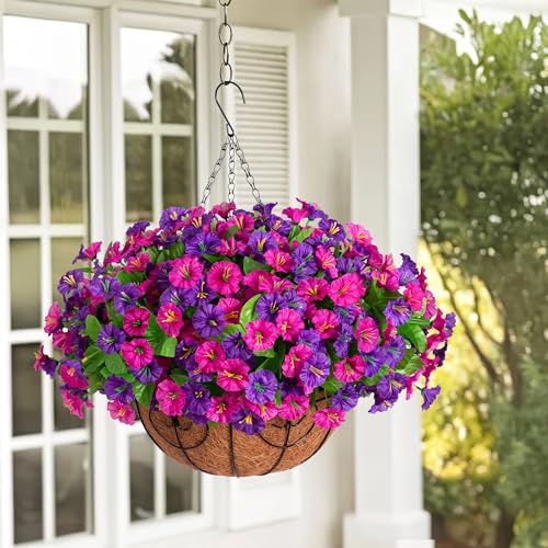 Ammyoo Artificial Fake Hanging Flowers with Basket, Faux Silk Morning Glory Flower Arrangement for Spring Summer Decor, Hanging Plant for Patio Garden Porch Outdoor Decor - color: Dark Purple Purple-red