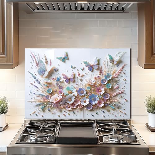 DAIFURONGE Butterfly Tempered Glass Backsplash for Kitchen, 30" x20'' | Frameless,Easy to Clean - size: 30"L x 20"W