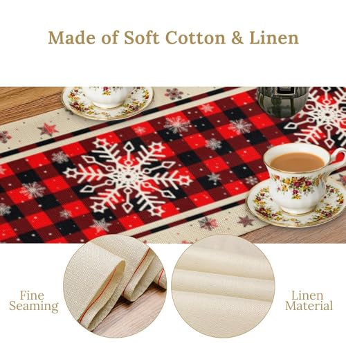 Snowflakes Christmas Table Runner Buffalo Plaid Winter Holiday Theme Art Printed Dinner Runner for Home Party Kitchen Dining Table Decor Fabric 1 Panel W13xL36in - color: Christmas, size: 13"W x 36"H