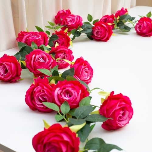 Bendable Artificial Flower Garland Faux Rose Vine Hanging Floral Garland for Wall Decor Trellis Fence Home Room Garden Wedding Decoration(Fuchsia, 2pcs) - color: Fuchsia, size: 2pcs