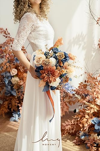 Ling's moment Blue and Orange Wedding Bouquets for Bride, Navy Orange Bridal Bouquets for Bride, 13 Inch Free Form Artificial Wedding Flowers Bouquets - color: Blu-burnt Orange & Navy, size: Small 13 Inch