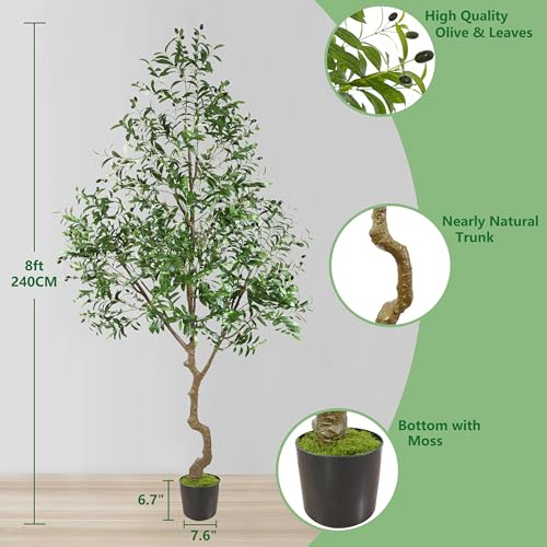 Warmplants 8ft Artificial Olive Tree, 96” Tall Fake Plant with Basket, Indoor Outdoor Faux Large Olive Silk Tree for Home Office Living Room Decor (2400 Leaves) - size: 8ft