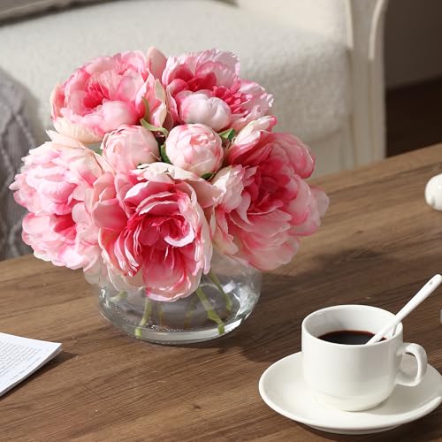 Pink Peonies Artificial Flowers in Vase, Silk Faux Peony Fake Flower Arrangements with Glass Vase and Faux Water for Home Decor Wedding Bouquets Table Centerpieces - color: Peony Vase With Faux Water, size: Pink
