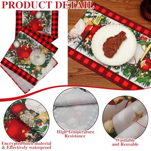 VitalCozy 7 Pcs Christmas Table Runner and Placemat Set 72 x 13 Inch Buffalo Plaid Runner Xmas Poinsettia Table Mat for Holiday Kitchen Dining Decoration(Plaid,Red Black) - style: Plaid