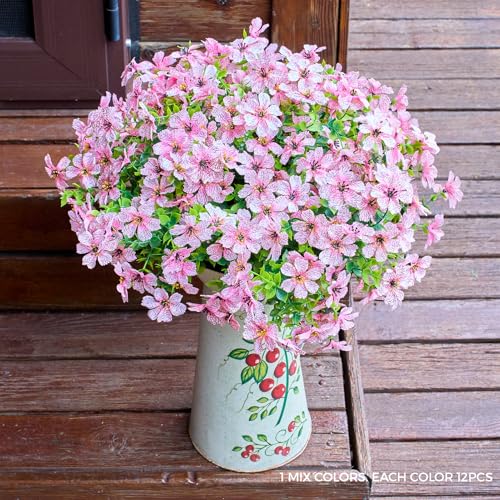 Artificial Flowers for Outdoors Patio Decoration 12 Bundles Fake Flower Cherry Blossom UV Resistant Faux Plants Yard Garden Porch Home Boxwood Planter Patio Mothers Day Decor, Light Pink Flower - color: D Light Pink Cherry Blossom 12pcs