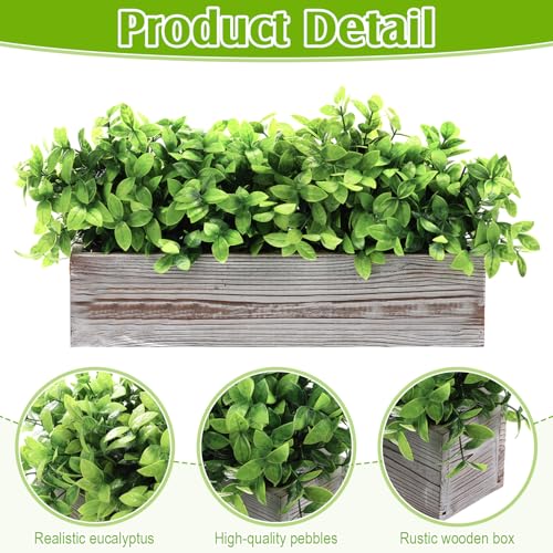 Lyrow 2 Pack 16 '' Artificial Eucalyptus Plants in Rectangular Rustic Wooden Planter Box Faux Potted Herb Plant Greenery Centerpiece for Cabinet Windowsill Table Shelf Wedding Decor (Whitewashed) - color: White, size: 16 ''