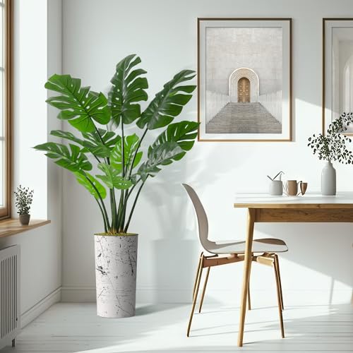 Artificial Tree in Abstract Ink Planter, Fake Monstera Silk Tree for Indoor and Outdoor Home Decoration - 65" Overall Tall (Plant Pot Plus Tree) - style: Monstera Plant